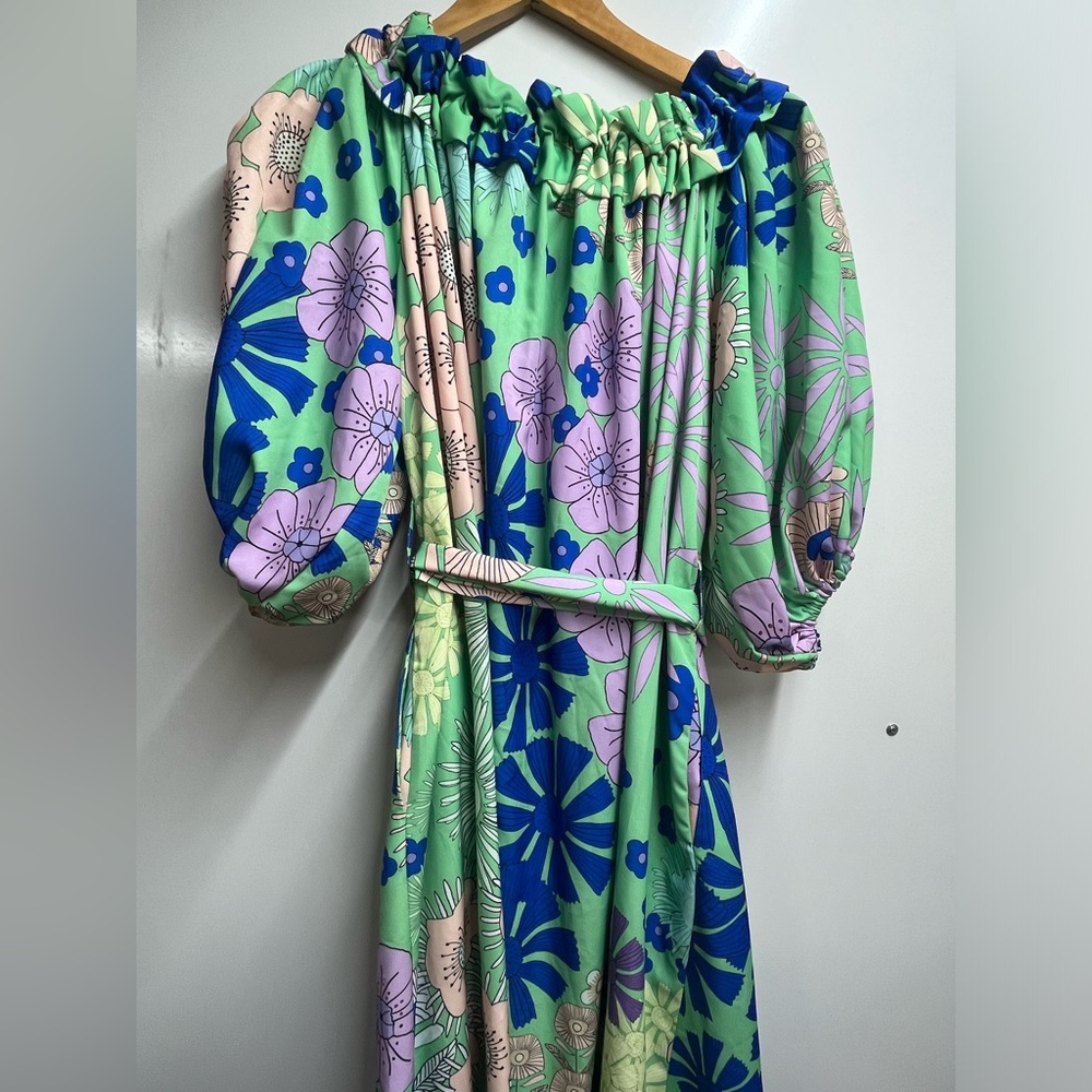 Oopscool NEW Anthropologie Floral Off-Shoulder Dress in Green and Blue size XS - Picture 9 of 11
